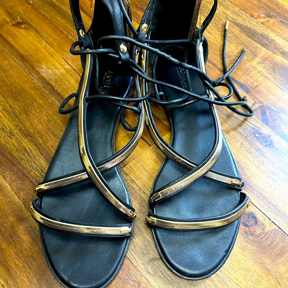 Black leather with gold chain accent Rachel Zoe sandals